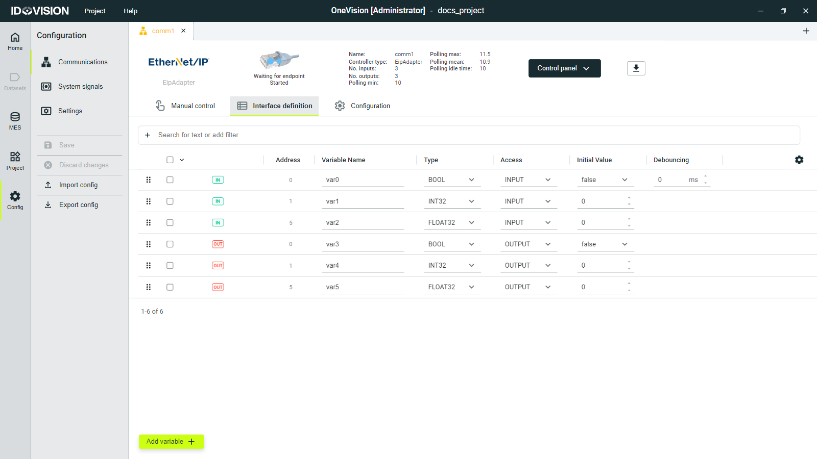 Interface definition tab