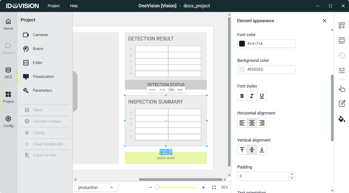 Element appearance menu