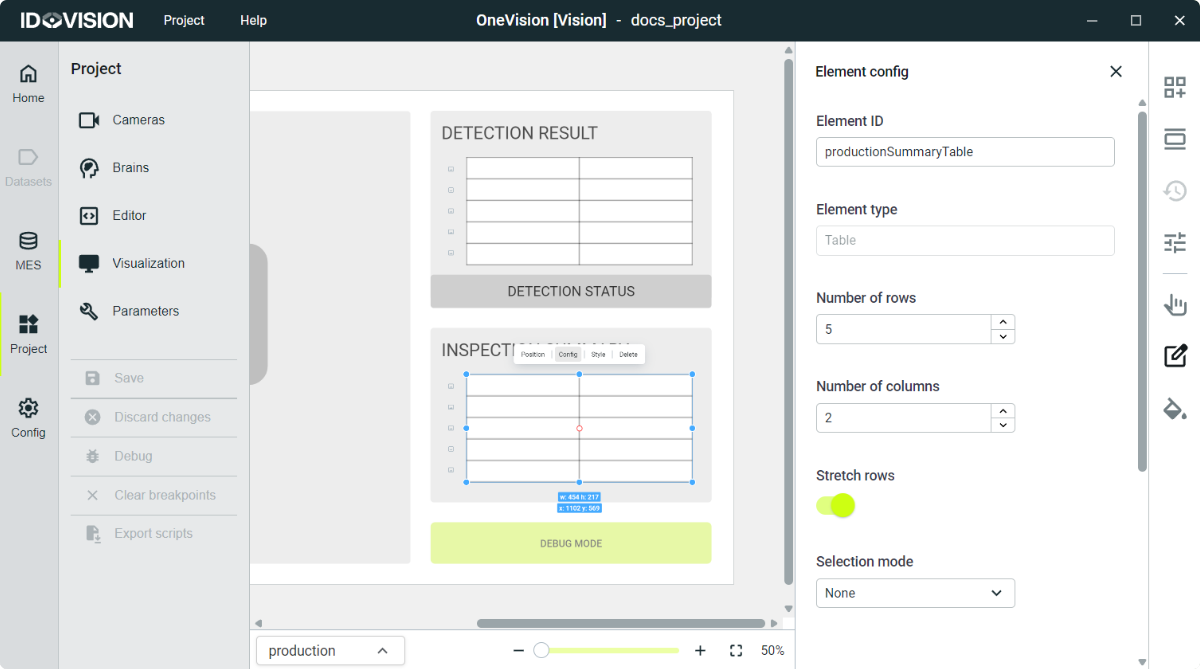 Element configuration menu