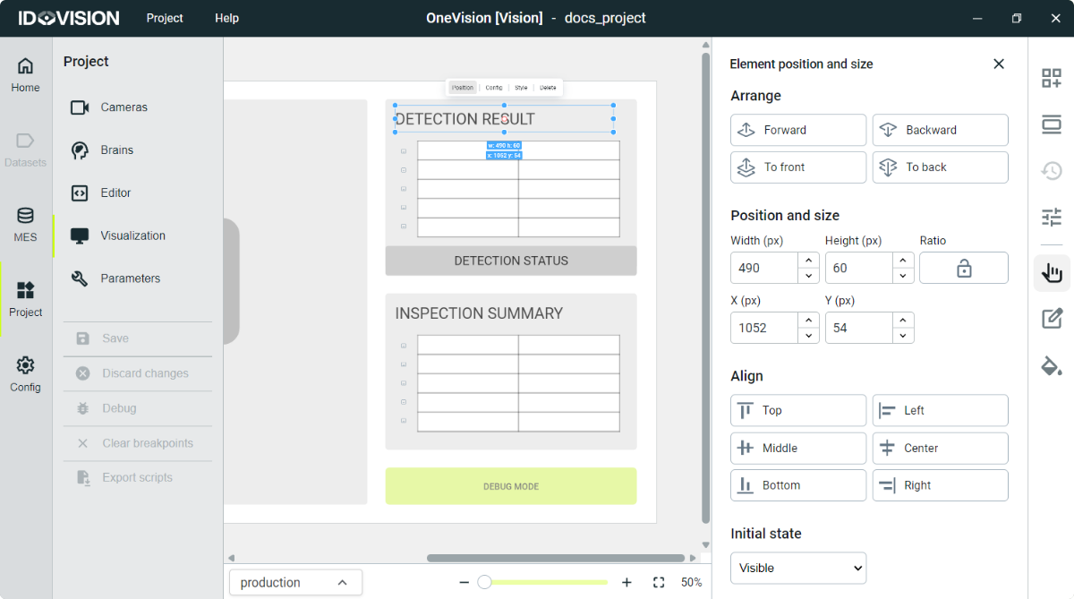 Element position and size menu