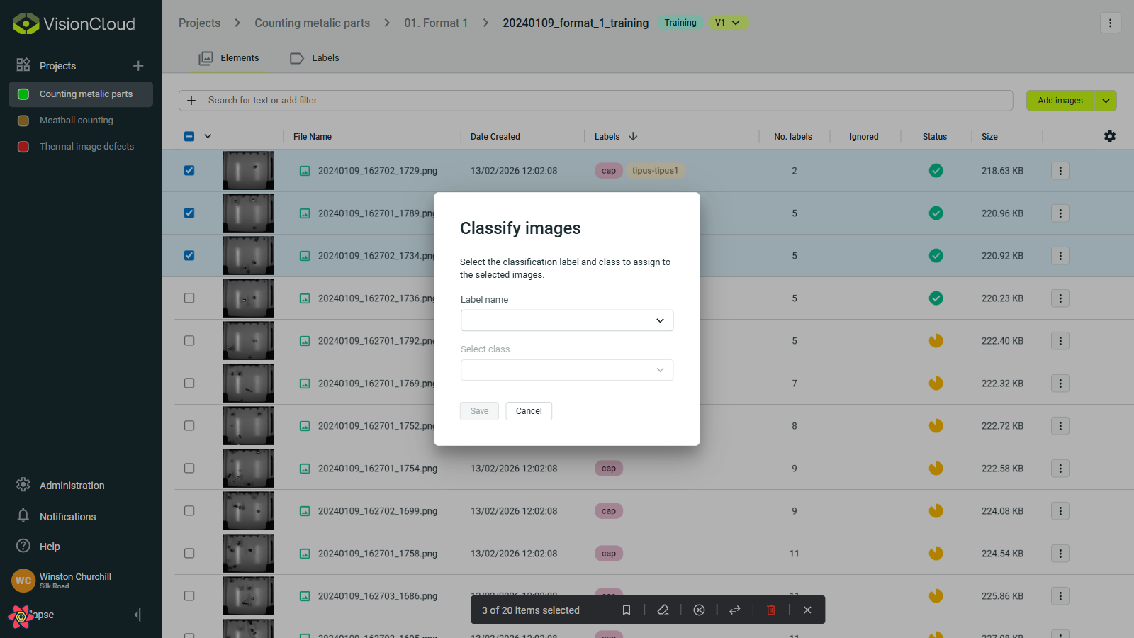 Batch image labeling modal.