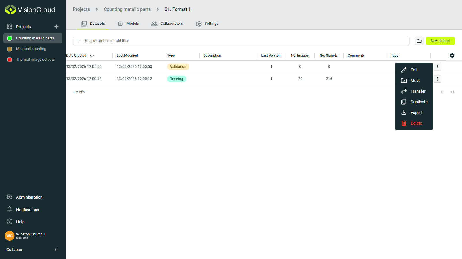 Individual dataset table actions