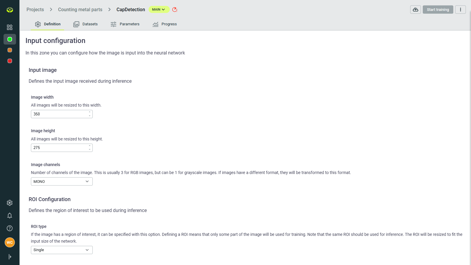 Model definition screen